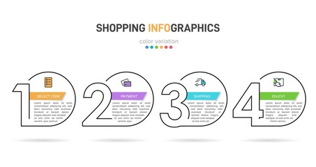 Concept of shopping process with 4 successive steps. Four colorful graphic elements. Timeline design for brochure, presentation, web site. Infographic design layout.