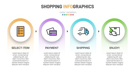 Concept of shopping process with 4 successive steps. Four colorful graphic elements. Timeline design for brochure, presentation, web site. Infographic design layout.