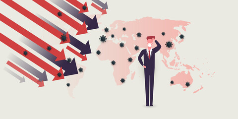 Global Economic Downfall Because of the Corona Virus Pandemic - Waves of Infection, Financial Problems - Design Concept with World Map and Businessman Scratching His Head