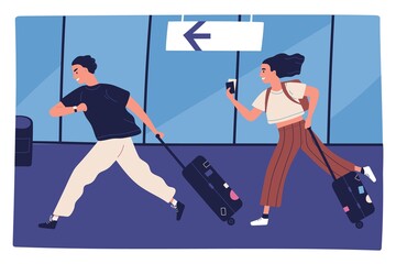 Scene of man and woman hurrying to flight at airport terminal vector flat illustration. Couple running carrying baggage or luggage. Happy rushing tourists going on summer vacation, journey or trip - obrazy, fototapety, plakaty