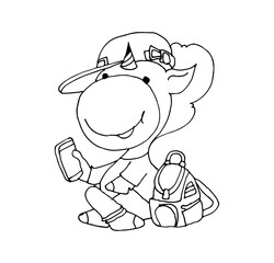 Coloring book for kids - unicorn resting in a hat with a backpack and a smartphone in his hands. Black and white cute cartoon unicorns. Vector illustration.