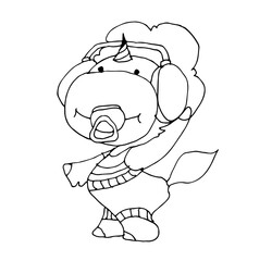 Coloring book for kids - unicorn wearing headphones and with a pacifier in your mouth. Black and white cute cartoon unicorns. Vector illustration.