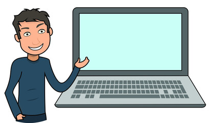 casual Man showing blank empty laptop screen template