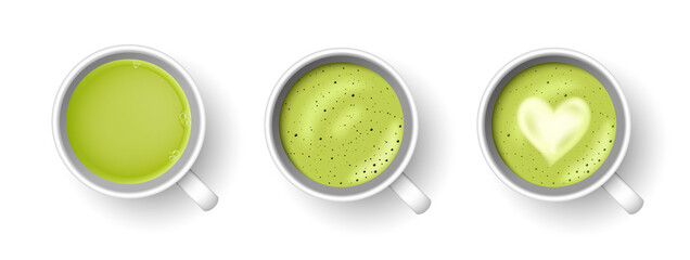 Realistic 3d cup of hot aromatic green Japanese tea matcha latte drink set. A teacup top view isolated on white background. Vector illustration for web design, menu, app, advert