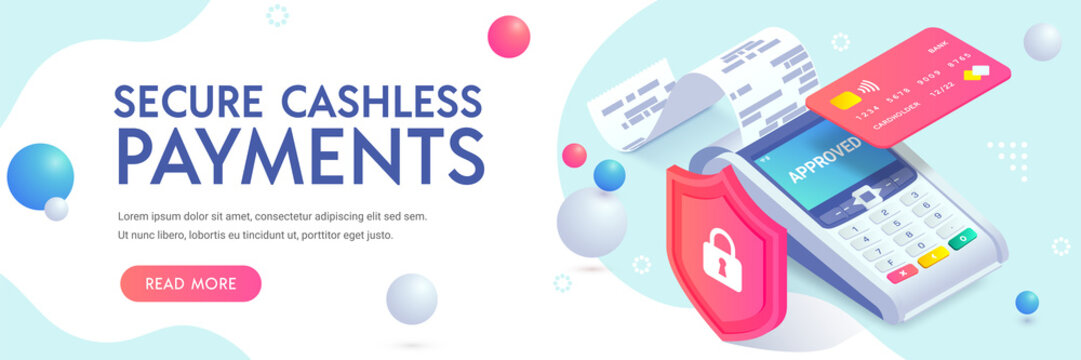Secure cashless payment via credit card isometric abstract banner concept. 3d payment machine, plastic card behind shield. Contactless transaction protection, NFC payment safety. Vector illustration
