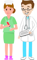 Color art of a Doctor tablet in hand talking with a nurse syringe with blood in hand