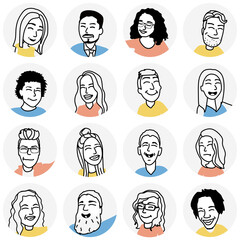 People avatars. 16 icons of people characters. Flat design style modern illustration icons collection. Portraits of men and women with different hairstyles in circular frames isolated on white backgro