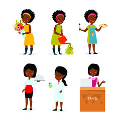Vector set of female professions. African American woman. African girl. Florist, gardener, waitress, violinist, musician, businesswoman, artist. Beautiful women.
