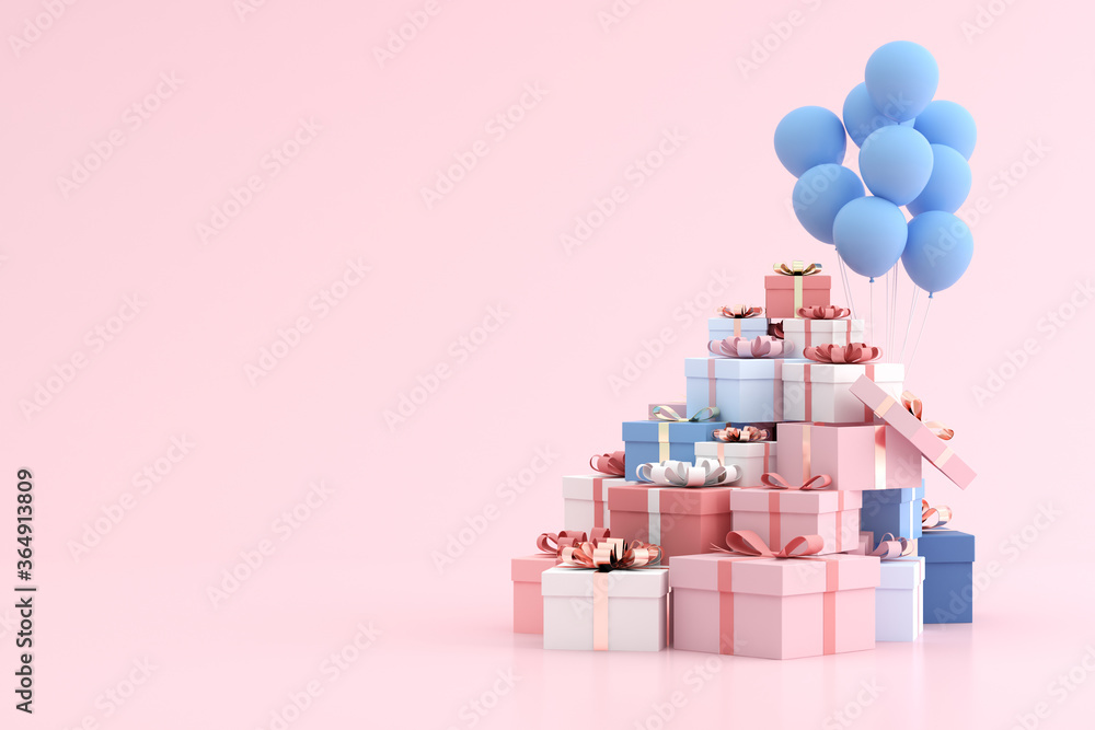 Poster mock up of gift box and balloons in minimal style. 3d rendering.