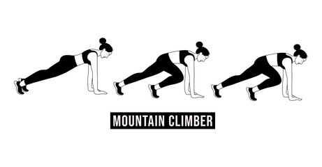 Girl doing MOUNTAIN CLIMBER exercise, Woman workout fitness, aerobic and exercises. Vector Illustration