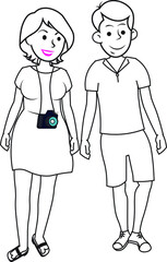 Couple walking together shorts tee travelling side by side talking enjoying with camera on the neck