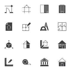 Architecture vector icons set, modern solid symbol collection, filled style pictogram pack. Signs, logo illustration. Set includes icons as building construction, house blueprint, architectural tool