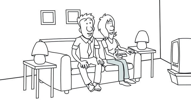 Couple watching television sitting on a sofa coach living room remote control in hand