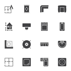 Home interior furniture vector icons set, modern solid symbol collection, filled style pictogram pack. Signs, logo illustration. Set includes icons as sofa, bed, house plan, table, blueprint document