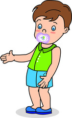 Cute Little boy kid pacifier in his mouth standing looking showing presenting
