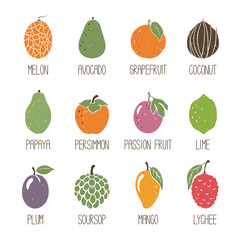 Cute set of fruit icons isolated on transparent background. Colorful fruits original design. Can be used for infographics or decoration. Vector shabby hand drawn illustration