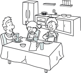 Dad having breakfast with his kids in the kitchen table and talking about some advice