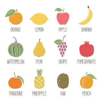 Cute set of fruit icons isolated on transparent background. Colorful fruits original design. Can be used for infographics or decoration. Vector shabby hand drawn illustration