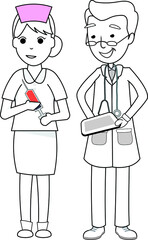 Fototapeta premium Doctor tablet in hand talking with a nurse syringe with blood in hand