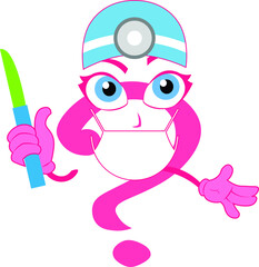 Doctor surgeon funny question mark lady character getting ready to go operation theater with search light on head and cutting knife in hand physician sexy girl woman health care clinic medical service