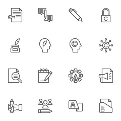 Copywriting related line icons set, outline vector symbol collection, linear style pictogram pack. Signs, logo illustration. Set includes icons as digital marketing, advertising submission, document