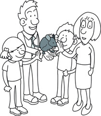 Family having fun with a pet mouse in hand brother sister dad mom daughter wife husband son