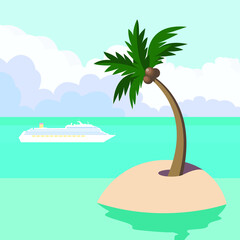 Vector illustration of tropical landscape :  blue warm sea , sky, clouds, island with coconut palm tree and white cruise ship. Flat design for card , poster, flyer about summer vacation , tourism