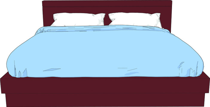 top view front angle Birds eye view perspective Double bed furniture interior element pillows blanket oak wood brown blue white