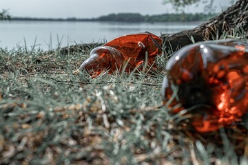 Environment and plastic garbage in woodland. Rubbish trash, waste in forest. Ecological problem with Empty used bottles of big city.