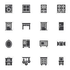 Household furniture vector icons set, modern solid symbol collection, filled style pictogram pack. Signs, logo illustration. Set includes icons as kitchen furniture, microwave stove, fridge, table