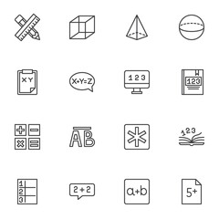 Math and algebra line icons set, outline vector symbol collection, linear style pictogram pack. Signs, logo illustration. Set includes icons as geometric shapes, formula, arithmetic, pen and ruler