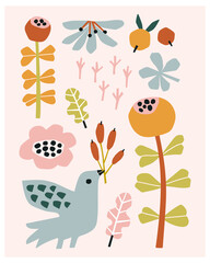 Hand drawn bird, flowers, leaves and berries isolated on light pink background. Vector set of natural objects. Template for the posters, greeting cards, postcards. Flat illustration.