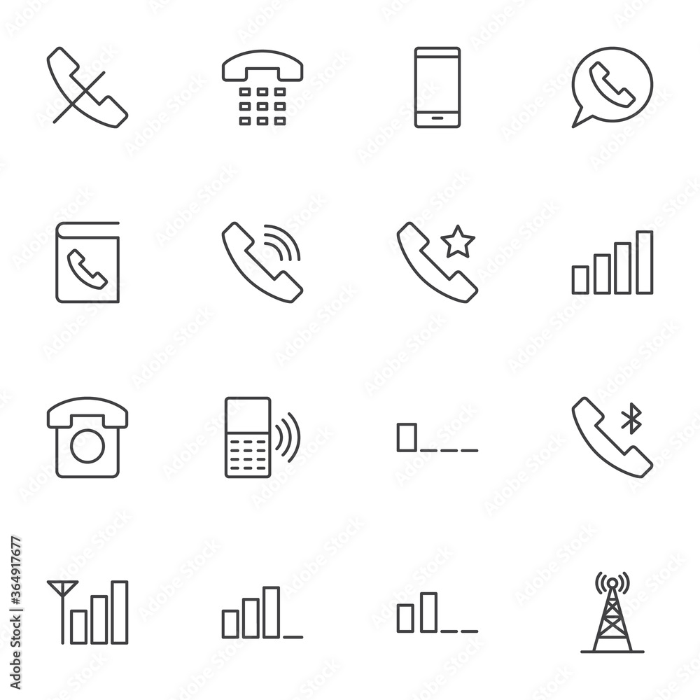 Poster mobile phone functions line icons set, smartphone outline vector symbol collection, linear style pic