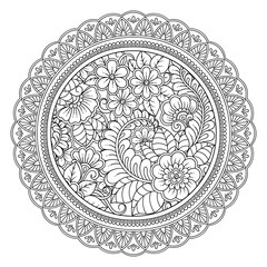 Circular pattern in form of mandala with flower for Henna, Mehndi, tattoo, decoration. Decorative ornament in ethnic oriental style. Outline doodle hand draw vector illustration.