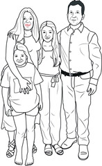 Hand drawn happy parents and kids standing in a family pose with smile