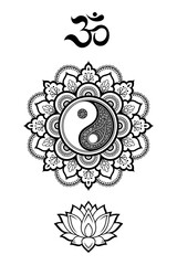 Set of Eastern ethnic religious symbols. Mandala with Yin Yang, OM mantra, Lotus flower. Decorative pattern for henna, mehndi, tattoos, room decoration. Outline doodle vector illustration.
