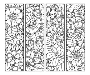 Bookmark for book - coloring. Set of black and white labels with floral doodle patterns, hand draw in mehndi style. Sketch of ornaments for creativity of children and adults with colored pencils.