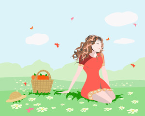 Obraz na płótnie Canvas A girl on a picnic in a meadow or in a Park