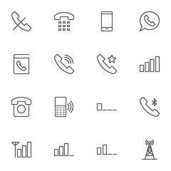 Mobile phone functions line icons set, smartphone outline vector symbol collection, linear style pictogram pack. Signs logo illustration. Set includes icons - contact book, telephone call, wifi signal