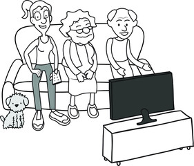 Hand drawn illustration of old mom dad grandma grandpa watching tv television sitting on sofa together woman girl remote control in hand dog sitting on the floor