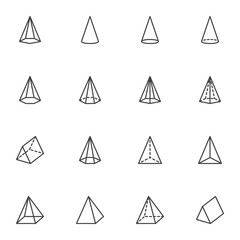 Cone shapes line icons set, outline vector symbol collection, linear style pictogram pack. Signs, logo illustration. Set includes icons as geometry shapes, pyramid, triangle