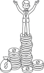 Happy business man ceo manager with lots of money wealth coins pillar dollar bag