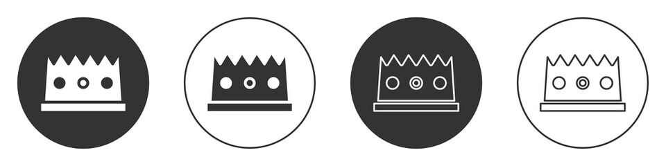 Black King crown icon isolated on white background. Circle button. Vector.