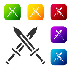 Black Crossed medieval sword icon isolated on white background. Medieval weapon. Set icons in color square buttons. Vector.