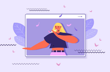 woman celebrating online birthday girl in computer window blowing in party blower celebration self isolation quarantine concept portrait horizontal vector illustration