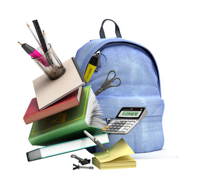 online learning concept Blue backpack with school supplies 3d render on white no shadow