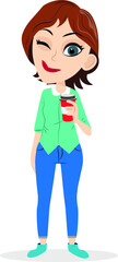 Housewife young girl woman lady standing and holding a glass of juice coffee drinks to eat giving wink casual dress