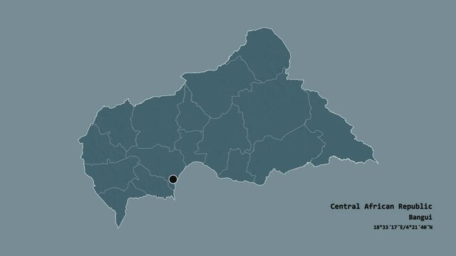 Ombella-M'Poko, prefecture of Central African Republic, with its capital, localized, outlined and zoomed with informative overlays on a administrative map in the Stereographic projection. Animation 3D