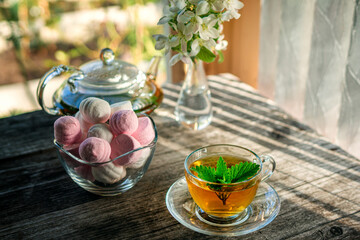Beautiful composition with a Cup of tea and marshmallows on a wooden picnic table on a natural background. The concept of vacation in the country