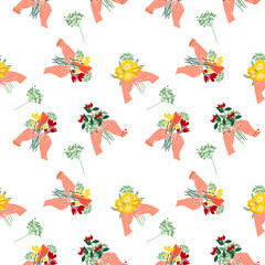 Seamless pattern of a bouquet of flowers in your hands. Summer flowers on a white isolated background. Stylish flower patterns for decoration. Vector.